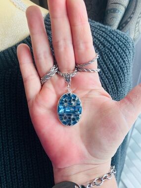 Silver-Tone Blue Rhinestone Oval Pendant Necklace - Women Jewelry